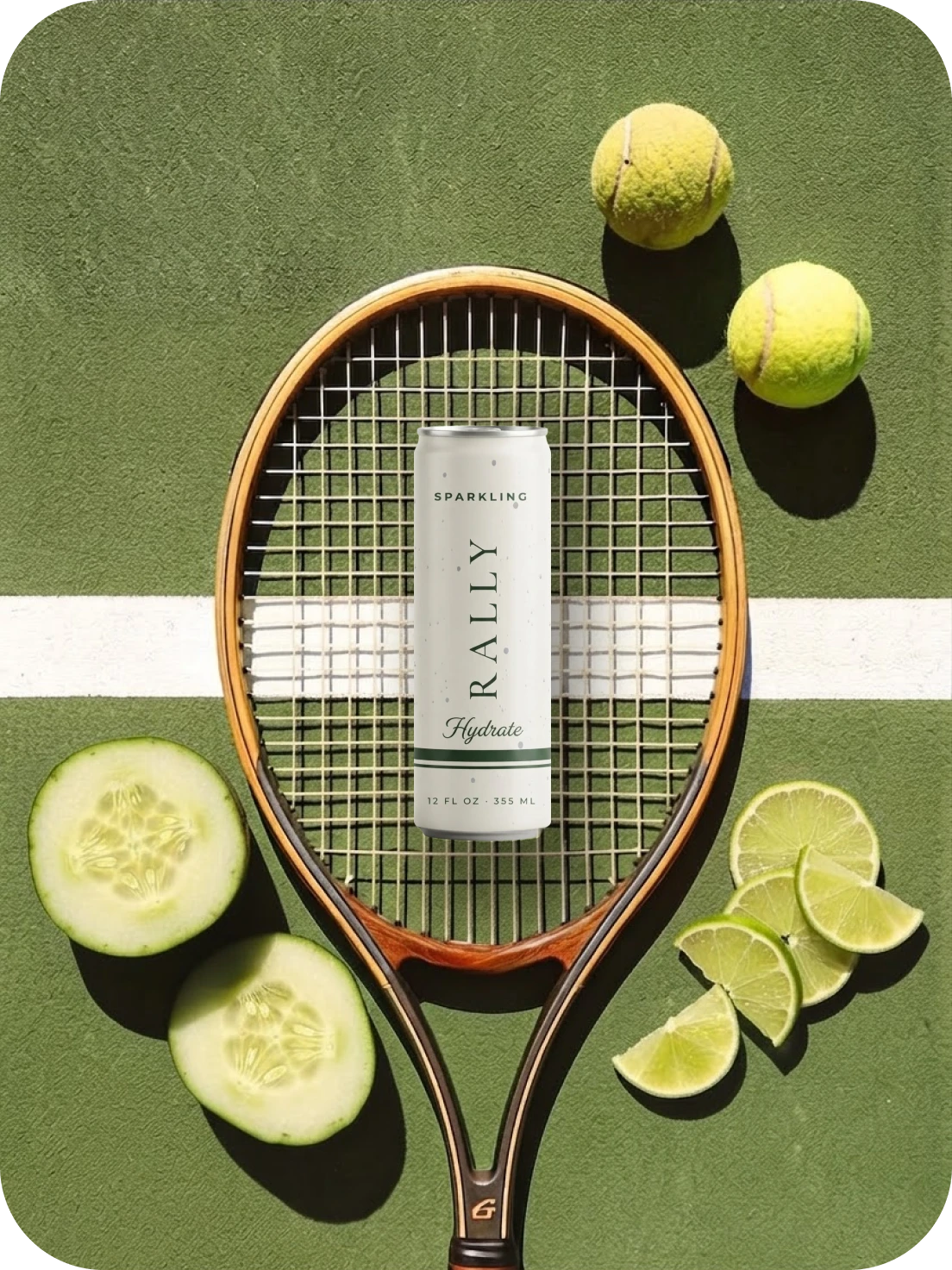 RALLY Hydrate on a racket with cucumber + lime