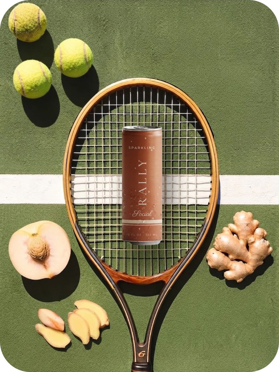 RALLY Social on a racket with white peach + ginger